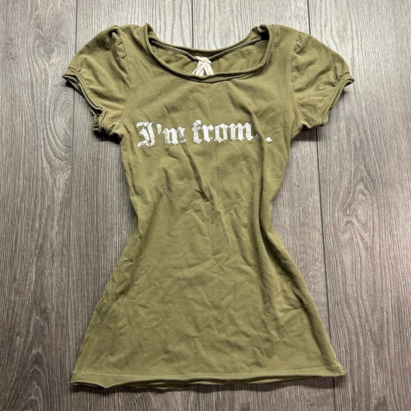 Urban Behavior Tops - Urban Behavior Y2K XS Olive Green Baby Tee I'm From 213 Silver Foil Gothic Top